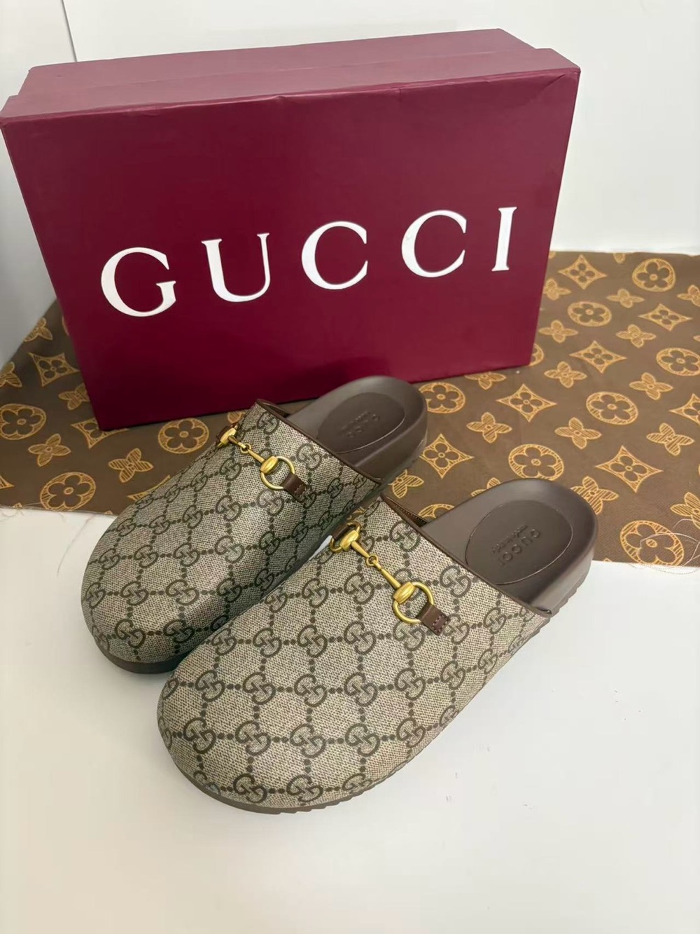 Gucci Brown GG Canvas Horsebit Clog Mules